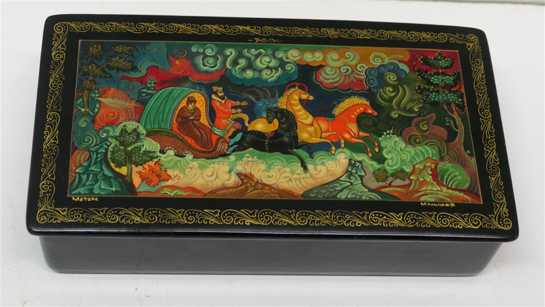 Hand Painted Russian Lacquer Box - Artist Signed with Original Receipt Inside - Box Measures 1 1/4" 6" by 3 1/2" 