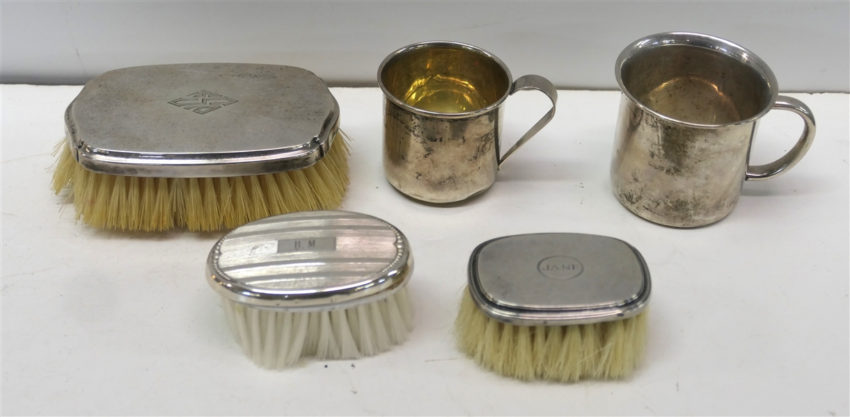 Sterling Silver Lot Including 2 Baby Cups and 3 Brushes - Brushes are Monogramed - 2 Cups and Loose Brush Top Weigh 91.0 Grams 