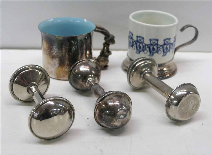 Baby / Childs Lot including Reed and Barton Cup with Rabbit Handle and Blue Enamel Interior, 3 Baby Rattles including Lunt C99 Dumbbell Shaped, and Teddy Blue Mug