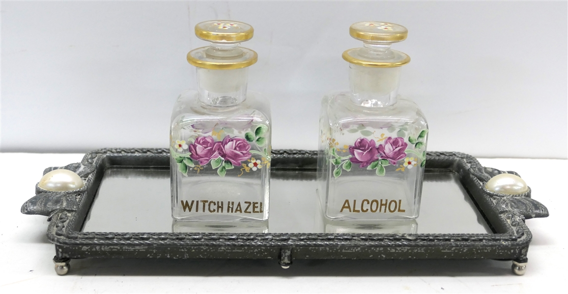 Bow Handled Dresser Tray with 2 Hand Painted Enameled Dresser Bottles - Alcohol and Witch Hazel - Alcohol Bottle is Cracked - Tray Measures 10" by 5"