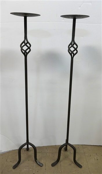 Pair of Nice Heavy Iron Pillar Candle Holder / Stands - Each Measures 45" Tall 