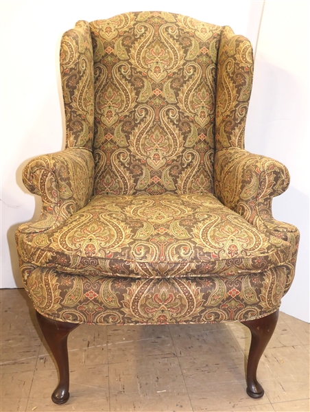 Pretty Green Paisley Pattern Wing Back Arm Chair - Queen Anne Style Feet - Down Cushion, - Chair Measures 45" Tall 32" wide