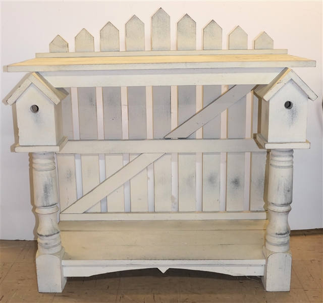 Whimsical Potting Bench Table with Bird House Legs - Picket Fence Style Back - White Painted - Table Measures 33" Tall 40" by 18" - Not Including Backsplash