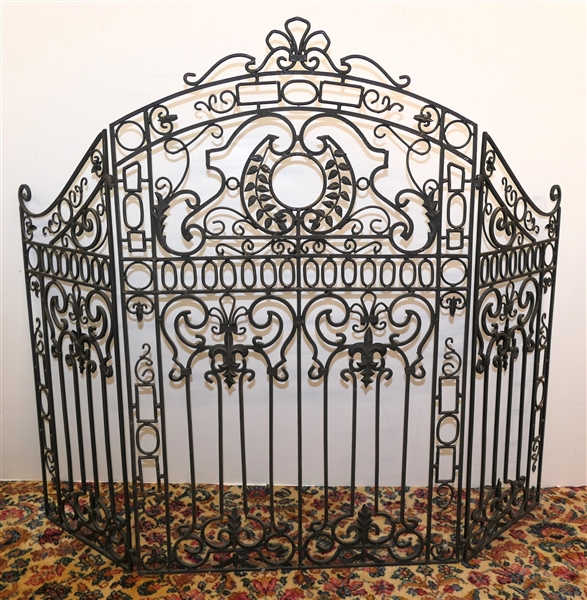 Nice Heavy Iron Fire Place Screen - Very Detailed with Scroll Work, Laurel Wreath, and Fleur De Lis -Center Measures 39" Tall 24" Wide