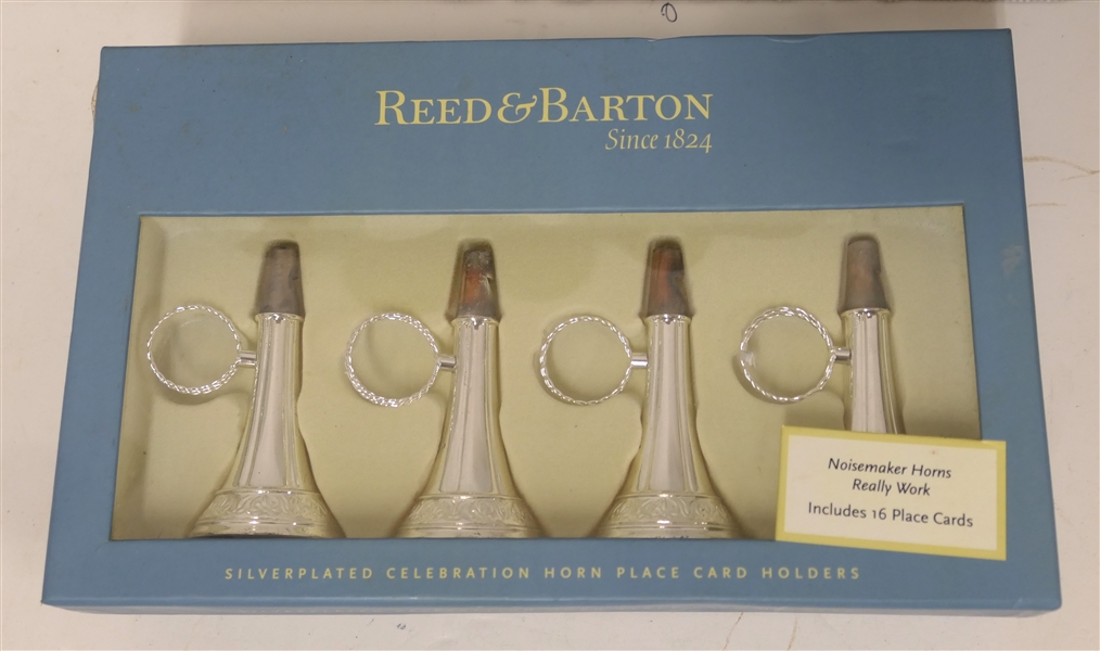 Reed and Barton Silverplate Celebration Noise Maker Horn Place Card Holders in Original Box 