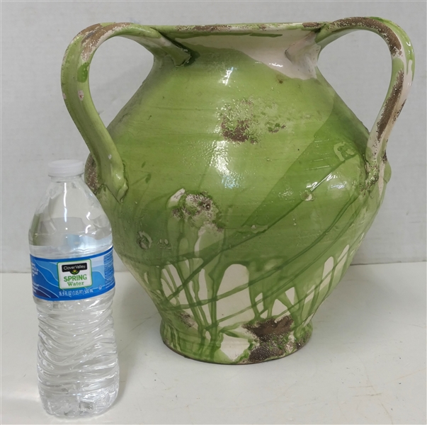 Large Green Triple Handle Italian Art Pottery Vase -Tuscan Italy For Fortunata Signed on Bottom - Vase Measures 12" tall 10" Across