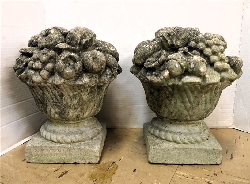 Pair of Antique Concrete Garden Fruit Topiary Statues -Cast Concrete- Each Measures 12" Tall 