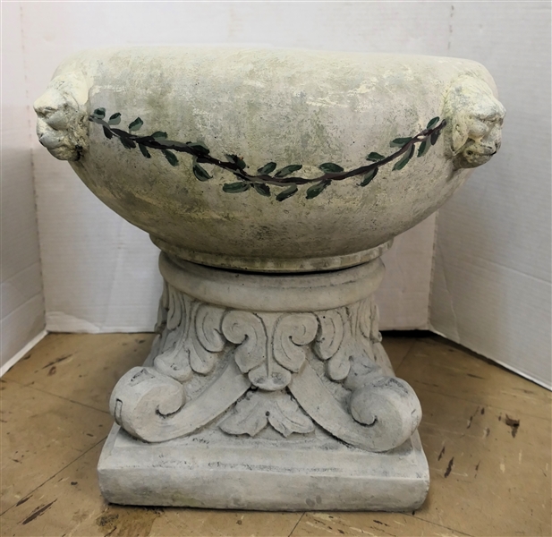 Fine Concrete 2 Piece Planter with Lions Heads - Hand Painted Laurel Leaves - Planter Measures 15" tall 18" Across