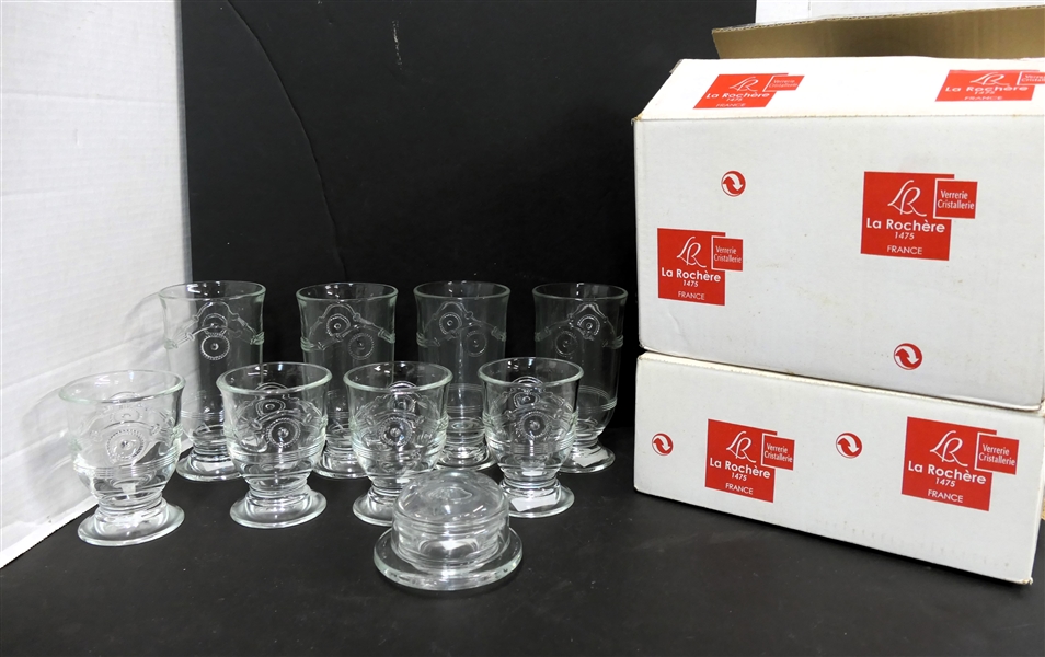 9 Pieces of La Rochere French Crystal - 4 "Anduze" Pattern Long Drink Glasses, 4 "Anduze" Goblets, and 1 - 2 Piece Bee Honey / Butter Dish - All Brand New