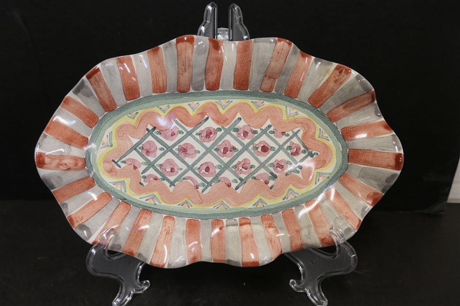 Mackenzie Childs "Rose Cottage" Oval Fluted Tray - Measures -9 3/8" by 5 7/8" Dated 1994 - Original Paper Sticker on Back 