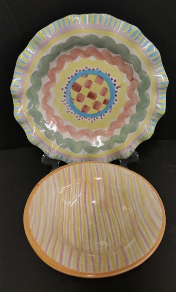 Mackenzie Childs "Madison" Fluted Dinner Plate - Has A Crack and Mackenzie Childs - Unknown Pattern - Flat Cereal / Breakfast Bowl - Bowl Measures 8 1/2" Across