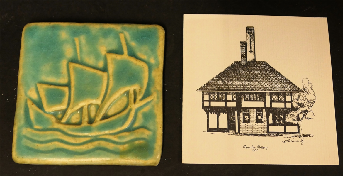 Pewabic Pottery - Pewabic Detroit - Pottery Sailing Ship Tile - Dated 1992 - In Original Box with Information - Tile Measures 3 1/4" by 3 3/4" 