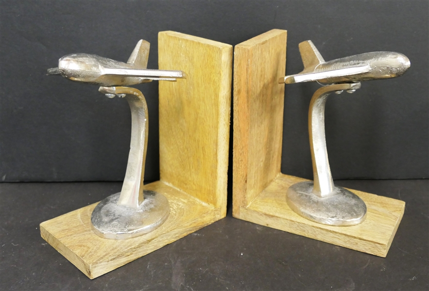 Pair of Airplane Book Ends - Wood with Chrome Planes 