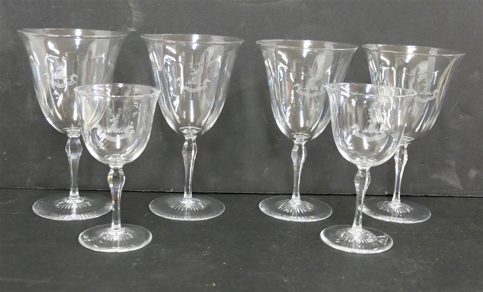 7 Beautiful Delicate Etched Crystal Glasses - Acid Etched Stag Head with "Nil desperandum" - 5 - 6" and 2 - 4 1/2" - 1 6" Not Pictured