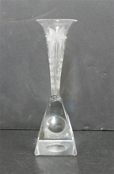 Unusual Acid Etched Bud Vase with Heavy Hand Blown Crystal Base - Etched Leaves Overall - Vase Measures 7" - Small Nick on Top Outer Edge