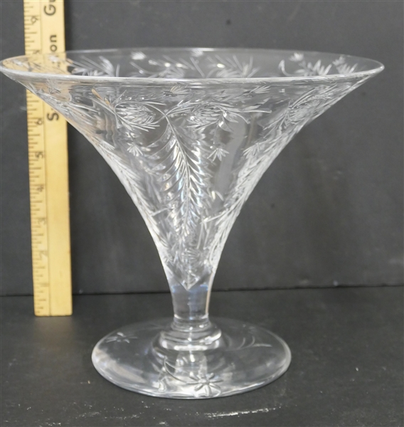 Fine Cut Glass Footed Compote with Sprays of Leaves and Flowers - Compote Measures 9 5/8" Across 8" Tall 