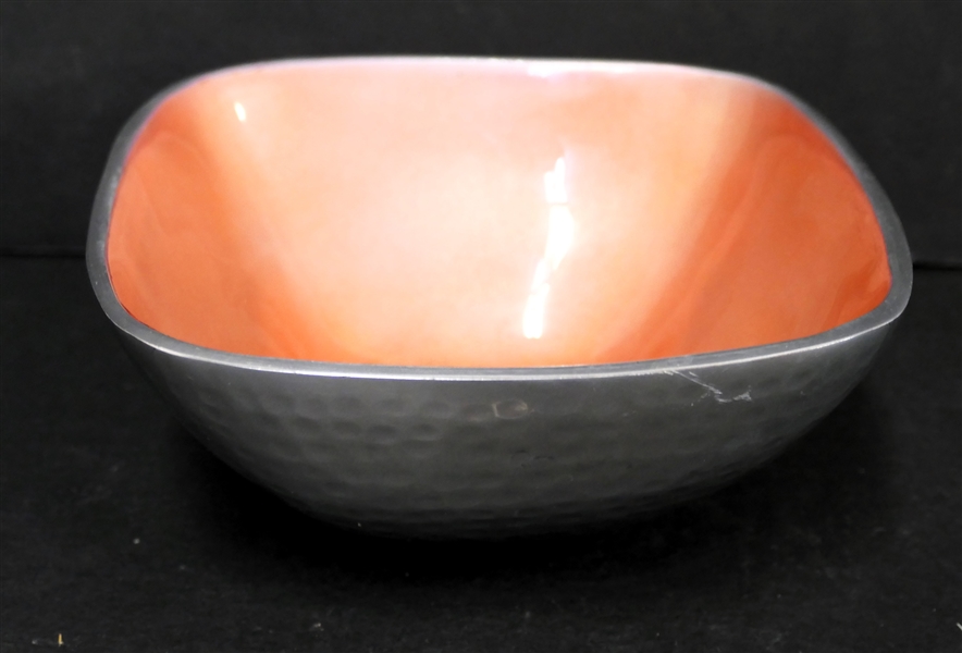 Hammered Pewter Bowl with Coral Pink Enameled Interior - Bowl Measures 6 1/2" Across 2 1/2" Tall 