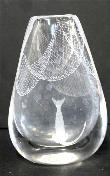 Vicke Lindstrand for Kosta Art Glass Vase with Etched Cat and Nets - Numbered 42456 - Vase Measures 5" Tall 