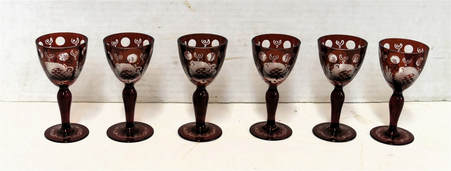 6 Bohemian Glass Ruby Cut To Clear Cordials - Each measures 3 5/8" Tall 