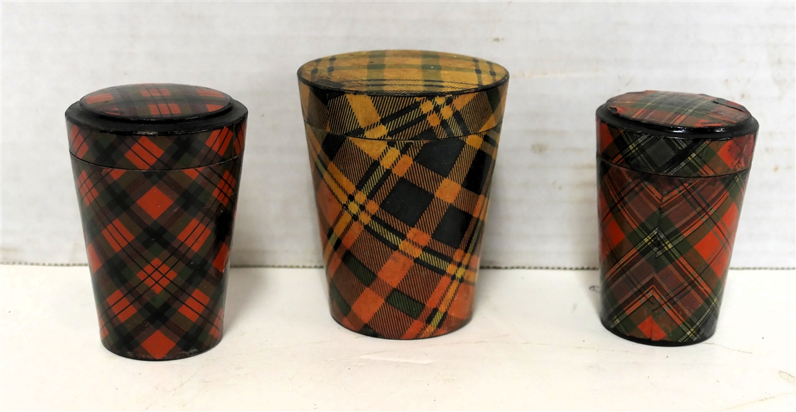 3 - Tartanware - Tartan Wrapped Wooden Lidded Containers - Largest with Glass Measure Insert - Largest measures 3 1/4" Smaller Measure 2 3/4"