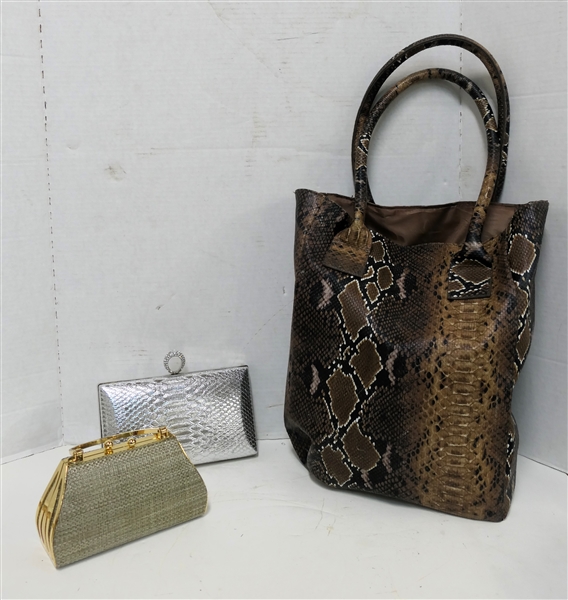 2 Evening Bag / Clutch Purses and 1 Faux Snake Print Tote Bag