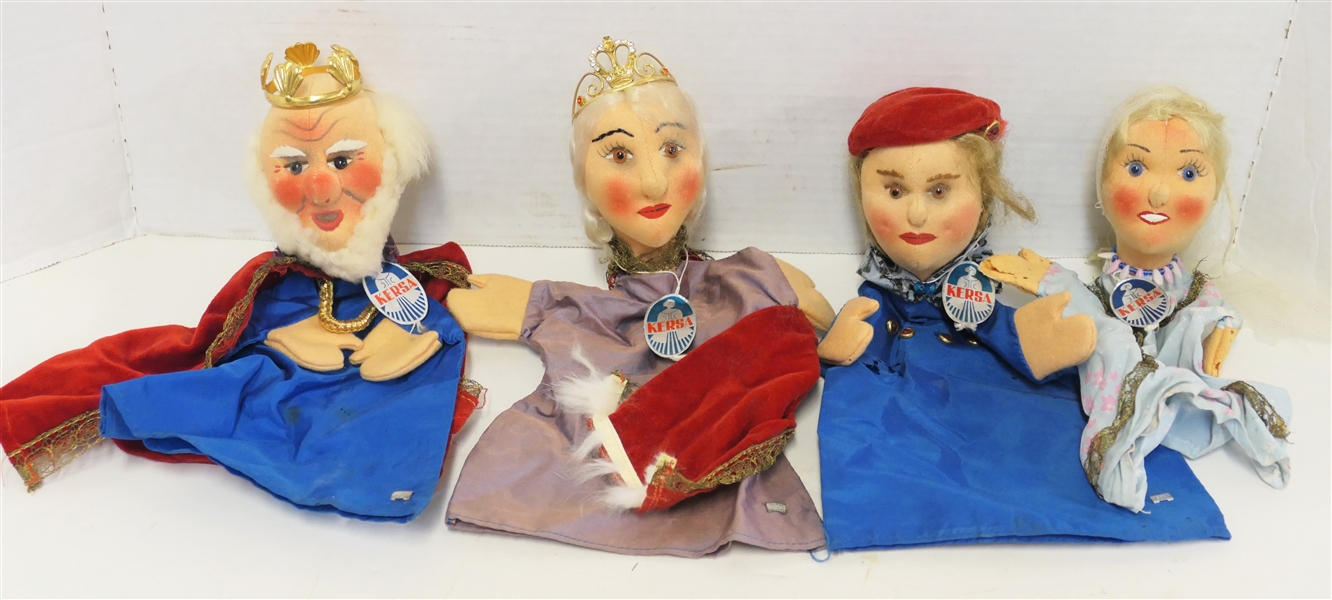 4 Kersa - German Hand Puppets - King, Queen, Prince, and Princess - All with Original Tags - Prince and Princess Have Some Moth Damage