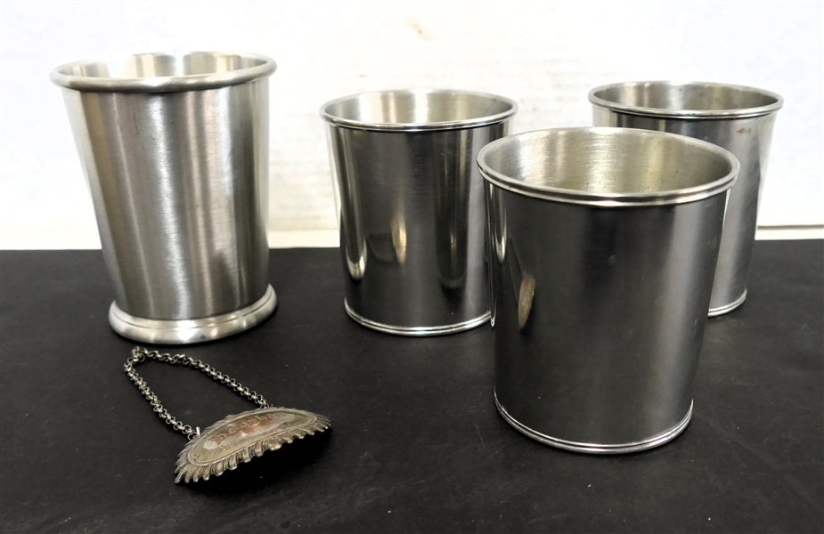 3 - Steiff Pewter "The Valentine Museum" Julep Cups, 1 Web Pewter Julep Cup, and 1 Bourbon Decanter Tag