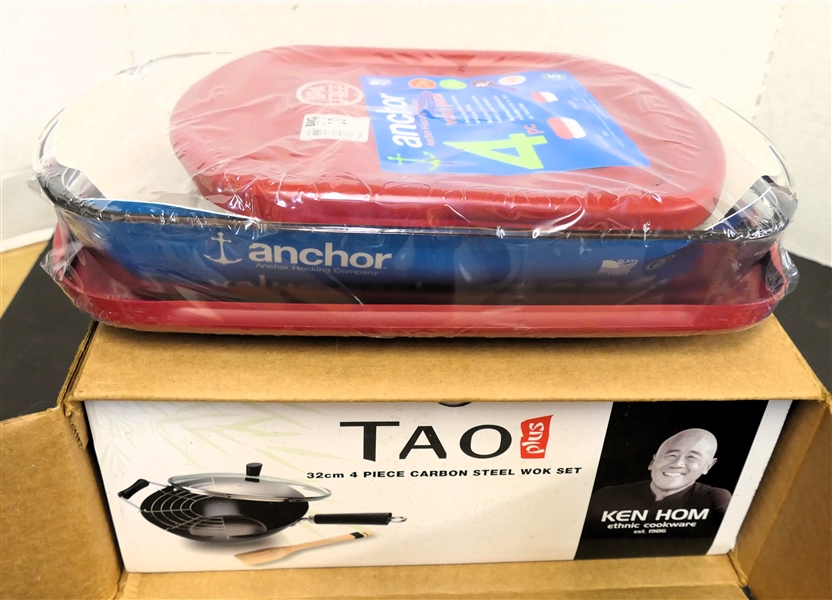 Anchor Hocking Casserole Set - Brand New and Tao Plus Carbon Steel Wok Set - Both Brand New Never Opened