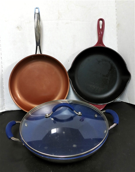 3 Skillets - Le Creuset Cast Iron Enamel, Cooks Essentials with Lid, and NuWave