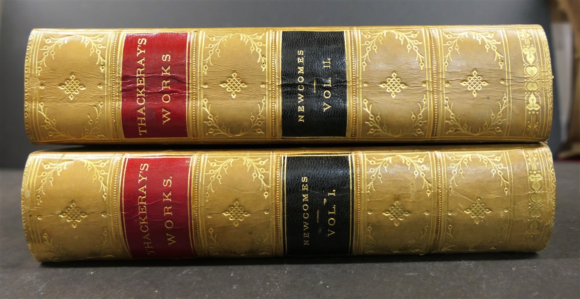 Thackerays Works - Vol. I & II - "The Newcomes, Memoirs of a Most Respectable Family" By. W.M. Thackeray in Two Volumes - London, 1869 - Beautiful Leather Bound Hardcover Books with Marbled Cover...