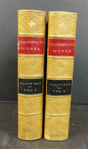 Thackerays Works - Vol I & II - "Vanity Fair. A Novel Without A Hero" by William Makepeace Thackeray - In Two Volumes - 1869 - Beautiful Leather Bound Hardcover Books with Marbled Cover and End...