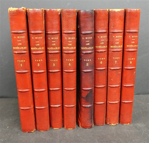 "Les Misérables" by Victor Hugo - Tome (Vol.) 1- 8 - Published in 1886 - Beautiful Leather Bound French Books with Marbleized Cover and End Pages - Gold Lettering - Volume 5 Has Some Water Damage 