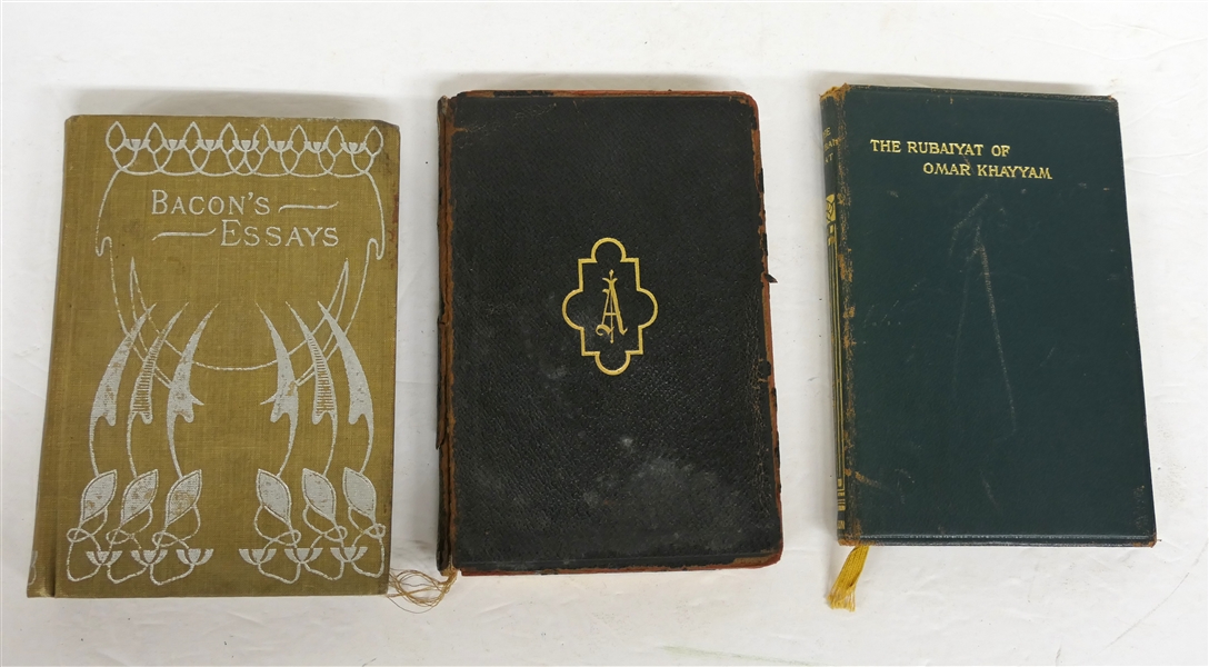 3 Small Antique Books - "The Rubaiyat of Omar Khayyam" Leather Cover, "Bacons Essays" Hardcover, and "Sense and Sensibility and Persuasion" Leather Cover - Front Cover Is Loose