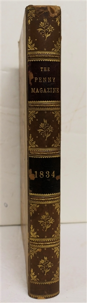 "The Penny Magazine of The Society for the Diffusion of Useful Knowledge" London 1834 - Leather Bound Marbleized Cover and End pages - Gold Lettering 