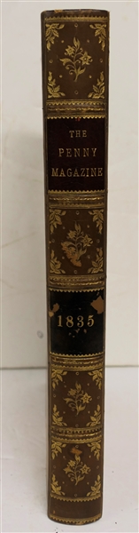 "The Penny Magazine of The Society for the Diffusion of Useful Knowledge" London 1835 - Leather Bound Marbleized Cover and End pages - Gold Lettering 