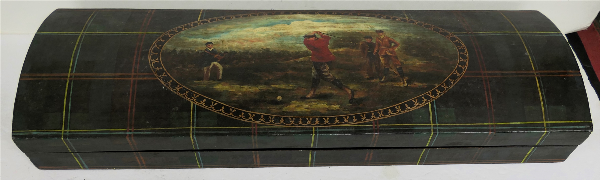 Jeannie Reeds LTD. Williamsburg, VA - Decorator Box - Plaid with Antique Golf Scene - Domed Top Document Box - Box Measures 3" Tall 22" by 7" - One Hinge Needs Repair - See Photos