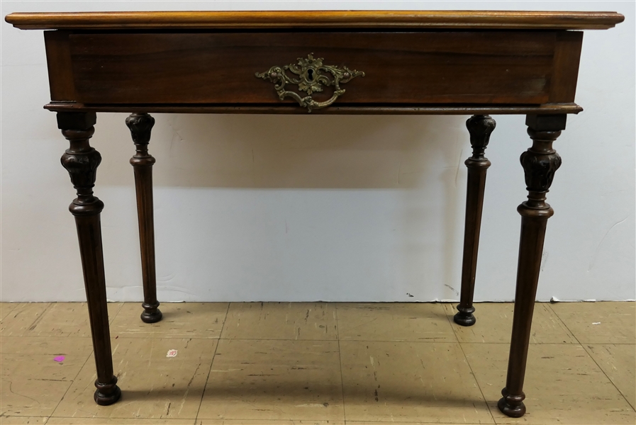 Nice Mahogany Inlaid Table - Fancy Carved Legs - Dovetailed Drawer, Brass Hardware and Lock - Table Measures 23 1/2" Tall 29" by 16"