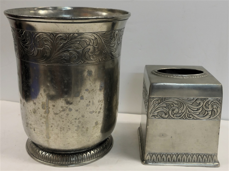 LaBrazel Made in Italy - Italian Pewter Wastebasket and Tissue Holder - Scrolled Details - Trash Can Measures 9 1/2" Tall 