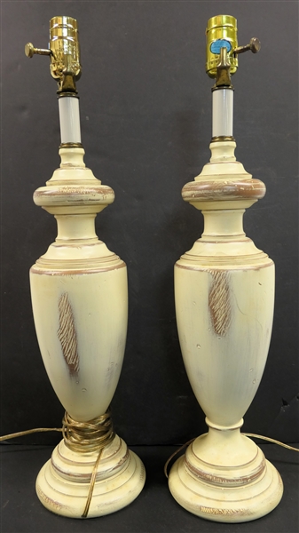 Pair of Bob Timberlake Turned Wood Table Lamps - Off-white Distress Painted - Each Lamp Measures 22" to Bulb