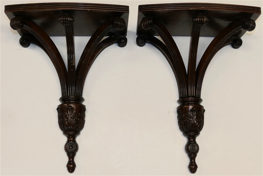 Pair of Nice Mahogany Wood Wall Shelves - Carved Details -Each Shelf Measures 18" Tall 12" by 7" 