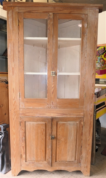 Handmade Pine Corner Cupboard with Double Single Pane Glass Doors at Top and Double Blind Raised Panel Doors at Bottom -Scalloped Bottom Trim -  Fixed Shelves - White Painted Interior - Measures...