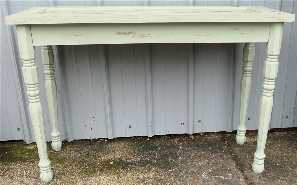 Unusual Reclaimed Wood Entry / Hall Table - Raised Panel Top - Distressed Green Finish - Measures 29 1/2" tall 43" by 15 1/2"