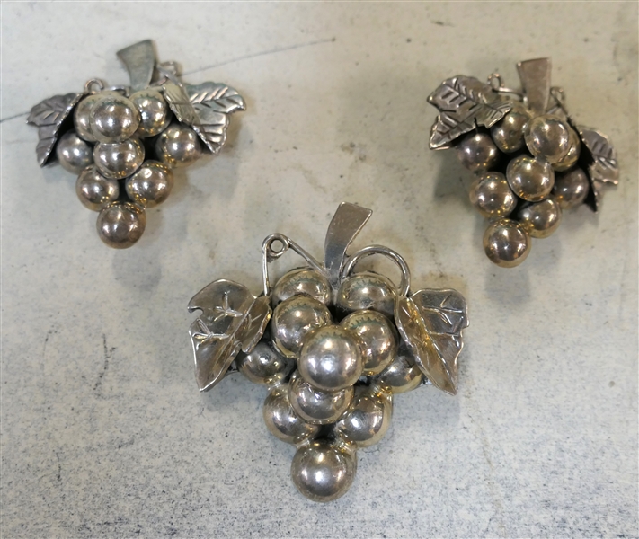 Sterling Silver Grape Cluster - Pin / Pendant and Clip - On Earring Set- Made in Mexico - Pendant Measures 2 1/4" by 2" - Weighs 76.2 Grams