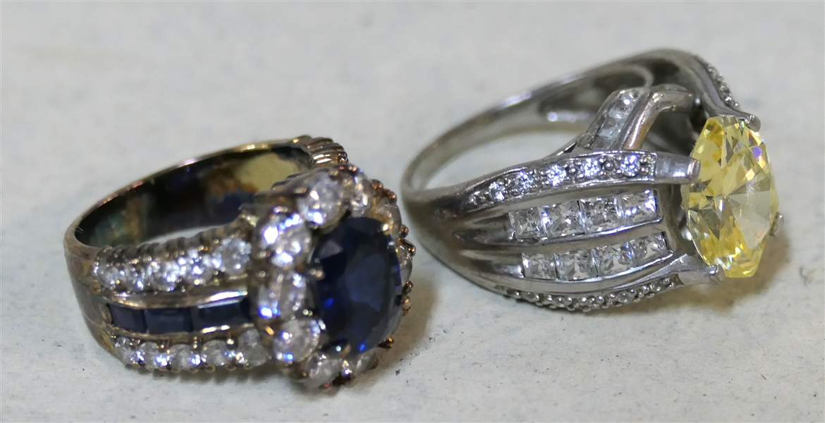 2 Cocktail Rings - Sterling Silver with Yellow Center Stone and Gold Tone With Blue Center Stone - Silver Ring with Yellow Size 6