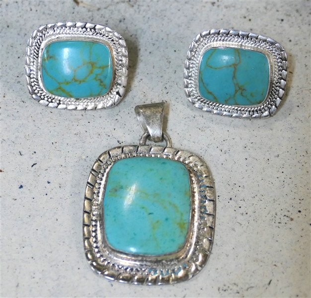 Sterling Silver and Turquoise Pendant and Clip - On Earring Set - Pendant Measures 1 1/2" by 1 1/4"