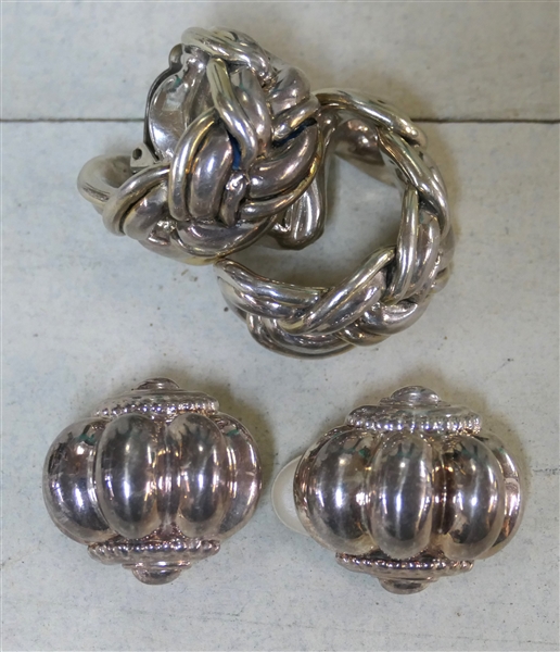 2 Pairs of Large Sterling Silver Clip - On Earrings - Larger Braided Pair Measure 1 1/4" - Weighs 42.3 Grams