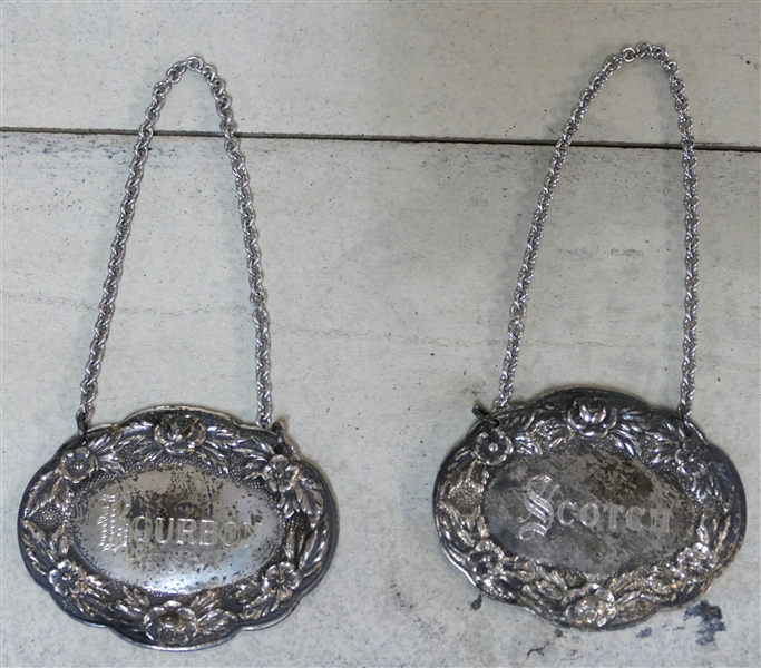 2 - S. Kirk & Son Sterling Silver Decanter Tags - "Bourbon" and "Scotch" Each Tag Marked with #4 on Reverse - Measure 2 1/8" by 1 5/8" -Weighs 32.5 Grams