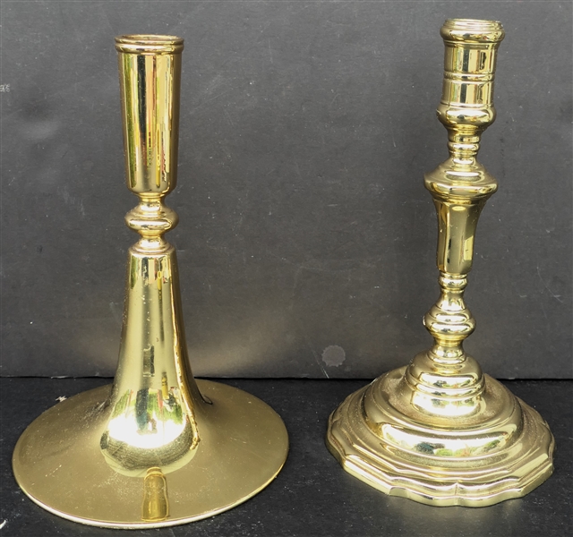 2 - Virginia Metalcrafters Williamsburg Brass Candle Sticks CW 16-36 Carolina Restoration Measures 8 1/2" Tall