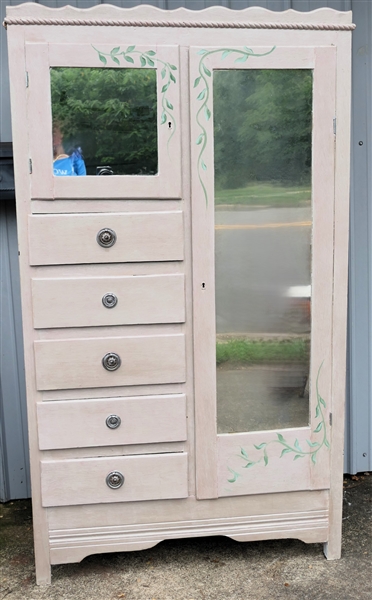 Beautiful Hand painted 1930s Wardrobe - Hand Painted Flowers, Vines, and Butterflies, Mirrored Doors, Wood Rope Trim - 1 Piece Needs To Be Attached - Wardrobe Measures 66" tall 37 1/2" by 18" 