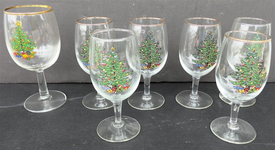 6 - Culbertson "Christmas Tree" Wine Glasses and 1 Larger Christmas Tree Goblet - 2 Smaller Have Wear To Gold 